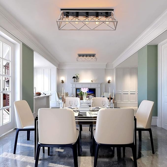 31.5" Large Flush Mount Ceiling Light Fixture, X-Shaped Metal Cage Design, Dimmable 5-Light Close to Ceiling, Farmhouse & Vintage Industrial Style, for Dining Room, Kitchen Island, Living Room