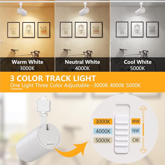 VANoopee 3-Color 20W H Track Lighting Heads Dimmable, White 1 Pack | Bright LED Track Light Fixtures Ceiling Spotlight for Kitchen, 3000K 4000K 5000K Adjustable, Flicker Free CRI90+ 36° 2000lm