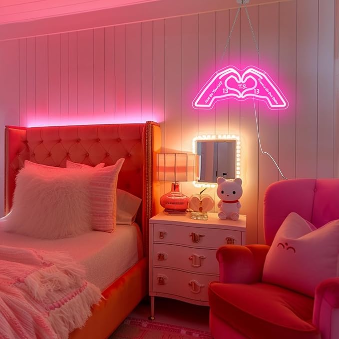 Hand Heart Neon Sign, Music Merch Gifts for Girls, Gift for Fans, Music Lover, Christmas Birthday Boys Girls(Pink with Words)