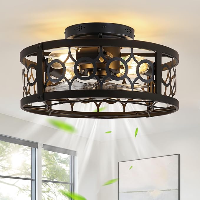 LEDIARY Caged Ceiling Fan with Light and Remote, 16in Small Low Profile Ceiling Fans with Lights, 6 Speed Farmhouse Flush Mount Ceiling Fan for Bedroom, Kitchen, Living Room-Black