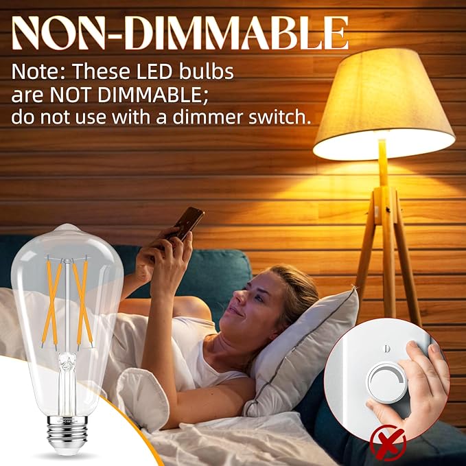 Edison Bulbs 60 watt Equivalent LED, E26 Bulb Non-Dimmable, Soft White 2700K, ST58 Vintage Light Bulbs, 90+ CRI, 6W 600LM, E26 Medium Base, Clear Glass, 18 Pack
