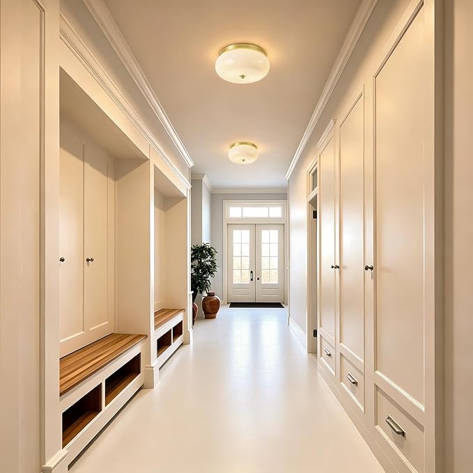 2-Light Brushed Gold Ceiling Light, 11.02 in Milky White Glass Shade | Mid-Century Modern Flush Mount Ceiling Light, E26 Ceramic Socket, Hallway, Kitchen, Bedroom, Bulb Not Included
