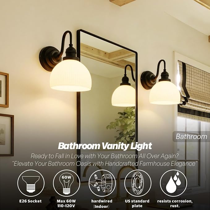 Black Wall Sconce Vintage Milk Glass Bathroom Vanity Light | Bathroom Light Fixtures,Matte Black,Thick Half-Round Glass Shade,Hardwired Only,E26 Base,for Bathroom Mirror Hallway