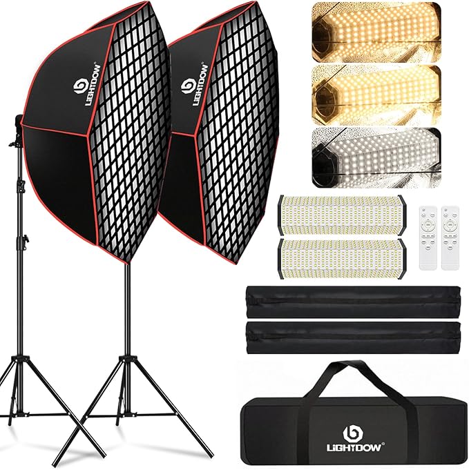 Light Box Photography Lighting Kit:2-Pack 37" Octa Softbox,Honeycomb Grid,110W LED Lamps,RC,Tripod Stands for Studio Light,Video Recording,Portraits,Model/Food/Pet/Baby/Product Shoots & Live Streaming