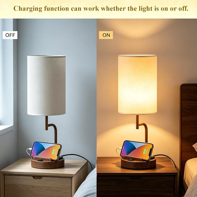 Dreamholder 2 Pack Table Lamp, Bedside Lamp with 3 USB Charging Ports & AC Outlet, USB Desk Lamp with 2 Phone Holders, Linen Fabric Shade Nightstand Lamps for Bedroom Living Room Office, Walnut