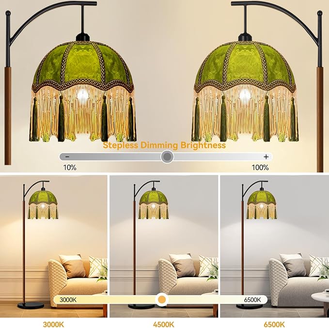 ILLMTW Fringe Floor Lamp for Living Room,Bedroom,Victorian Standing Lamp with Remote Dimmable,Green Mid Century Black Arc Tall Lamp Boho Vintage Retro Wood Tassel Flower Unique Lamp Tiffany Decor