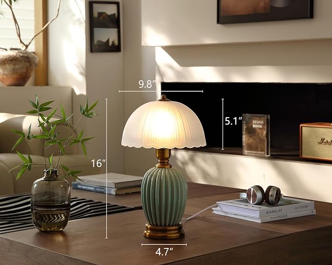 Glivpny 16" Vintage Ceramic Table Lamp for Bedroom,Mushroom Lamps (LD003) | Mid Century Modern Ceramic Lamps for Living Room,Retro Bedside Glass Lamps, Classic Chinoiserie Green Lamp for Home Decor