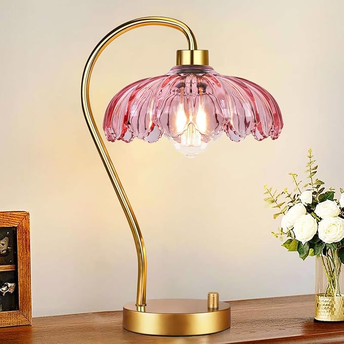 ILLMTW Pink Table Lamp Set of 2,Small Gold Bedside Lamps Dimmable Flower Bedroom Lamp with Glass Lamp Shade,Boho Vintage Mid Century Modern Mini Nightstand Lamp for Bedroom Living Room