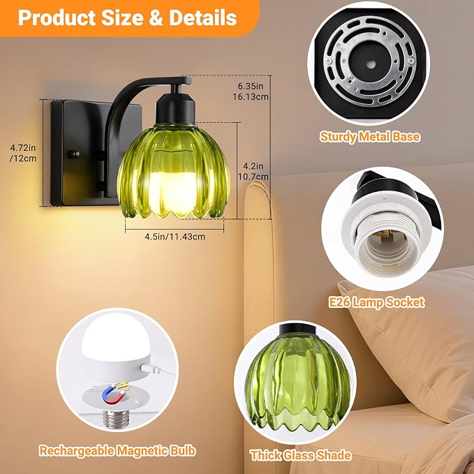 Battery Operated Wall Sconce Set of Two, Black Bedside Wall Mounted Lamps with Green Tulip Glass Shade, Vintage Dimmable Bathroom Sconces Wall Lighting for Mirror Bedroom Living Room