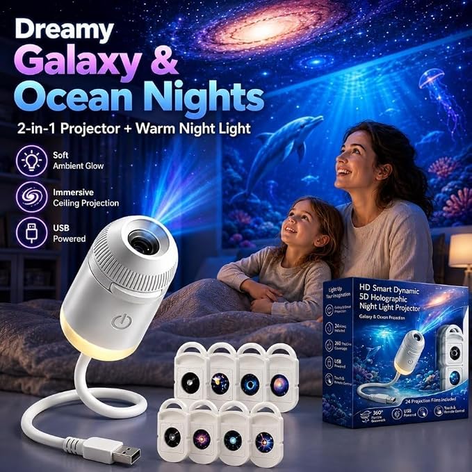 Galaxy Projector, Ocean Projector, 5D Holographic Night Light Projector, Plug and Play Hd Star Projector, 360° Adjustable Hd Galaxy and Ocean Projector for Bedroom Ceiling，Ocean & Galaxy 24pc