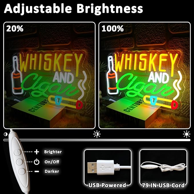 Whiskey Cigar Neon Sign for Wall Decor Dimmable Whiskey Bar Led Sign for Lounge Cigarettes Neon Light for Home Pub Beer Bar Man Cave Wine Cellar Hotel Bedroom Party Decor