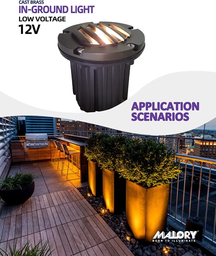 MALORY Low Voltage Landscape Well Lights, (φ126 mm) Brass Top Cover | 12V Outdoor In Ground Lights,Waterproof Uplight,Grated Top, 5W MR16 Bulb ,for Landscaping,Pathway, Driveway, Deck,Garden