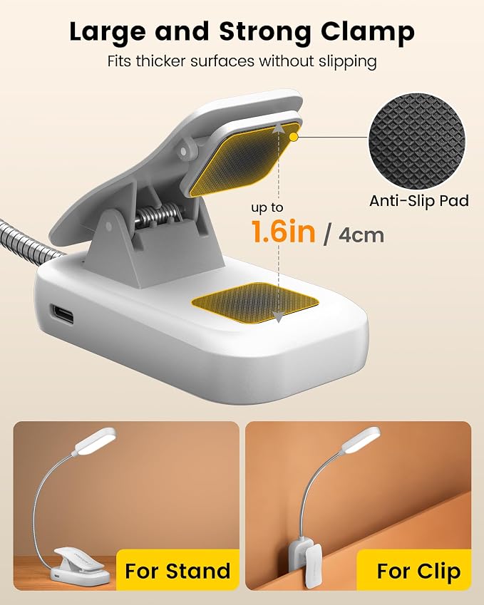Glocusent 20 LED Reading Lights for Books in Bed, Eye Caring Reading Light | 5 Colors & 5 Brightness 3–100LM Dimmable, 1200mAh Rechargeable Book Light to 90H, Lightweight Clip on Light for Book Lovers