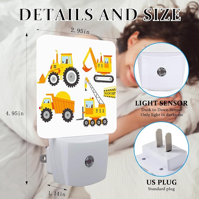 Cartoon Truck Night light, Plug-into Wall Machinery Excavator Building Machine Boy Car Toy Nightlight Lamp with Dusk to Dawn Sensor, Led Lamp 0.5W Energy Efficient for Boys Girls Adults Home Decor