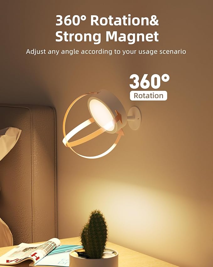 EZVALO LED Wall Mounted Lights, 5500mAh Rechargeable Wall Sconces Lamp, 3 Color Temps & Remote and Touch Control, 360°Rotation Dimmable Cordless Wall Light for Bedroom Reading Study (2 Pack White)