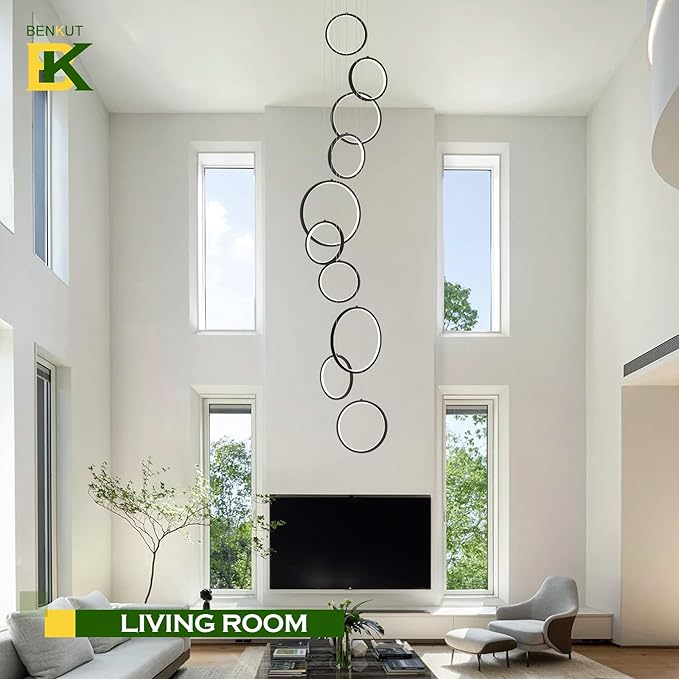 High Ceiling Chandelier 10 Ring Black Foyer Chandeliers Entryway Long Modern LED High Ceiling Light Staircase with Remote Control for Living Dining Room (98.5in 3000K-6500K)
