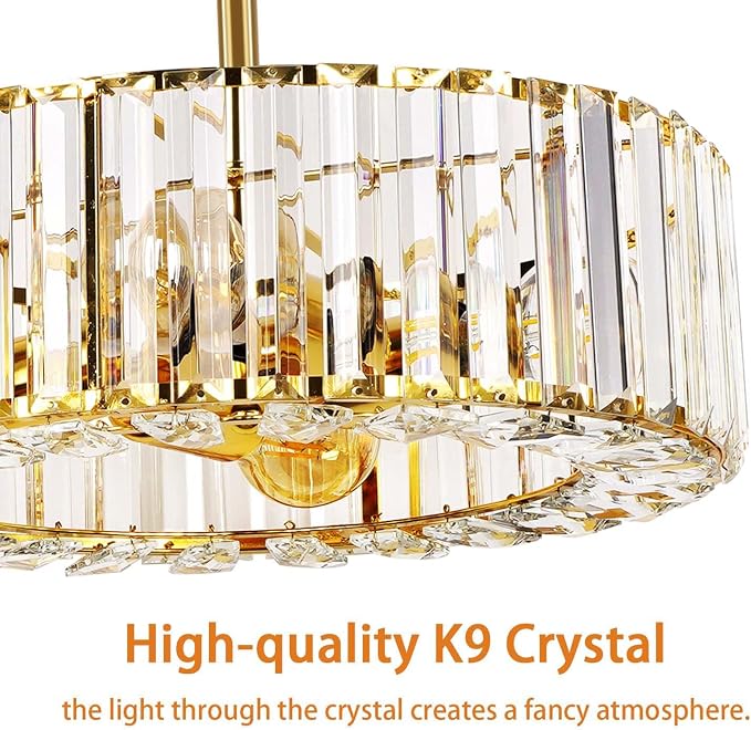 FRIDEKO HOME Gold Crystal Chandelier Ceiling Light - 4-Light Ceiling Light Fixture Modern Ceiling Mount Lights Chandelier for Dinning Room Bedroom Kitchen Entryway (14.56 Inch, Bulb not Included)