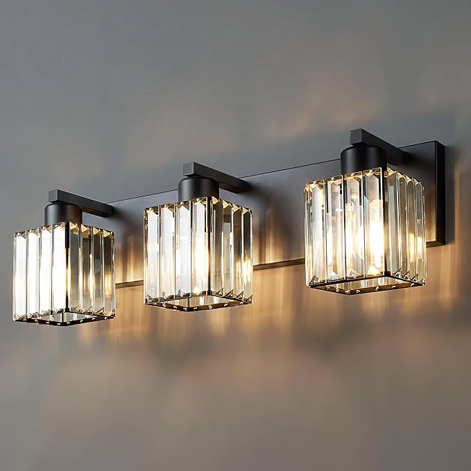 Modern Bathroom Vanity Light, 3-Light K9 Crystal Bathroom Lighting Fixtures Over Mirror, Black Vanity Light with Square Shade