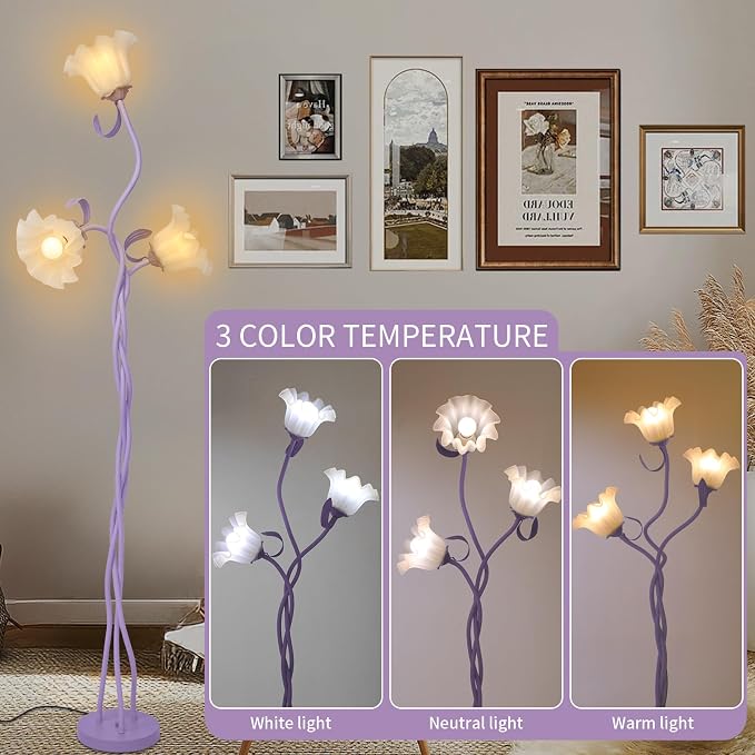 Flower Floor Lamp for Living Room, Tall Cute Reading Lamp with Flexible Neck Shaft for Bedroom Decor, Modern Corner Floor Lamps with 3-Color Temperatures LED Bulb (Purple)