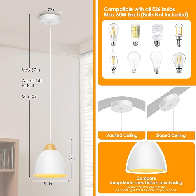 3 Pack Pendant Lights for Kitchen Island, 5.9" Cone Metal Shade Adjustable Height White Small Hanging Lamps for Dining Room Light Fixtures Over Table Modern Ceiling Fixture