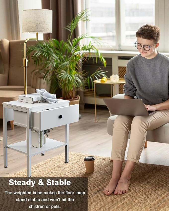 Lightdot 58IN Floor Lamps with End Table Attached, Dimmable Floor Lamp Side Table with Drawers& Bulb Included, 350° Rotatable Modern Standing Lamps for Bedroom/Sofa Beside/Corner Decor-White