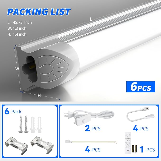 JESLED LED Shop Lights 4FT with Remote, 45W 5400LM Dimmable ETL 6 Pack | 3000K-7000K Adjustable Color Temperature, Linkable Garage Light for Workshop, Basement, Workbench