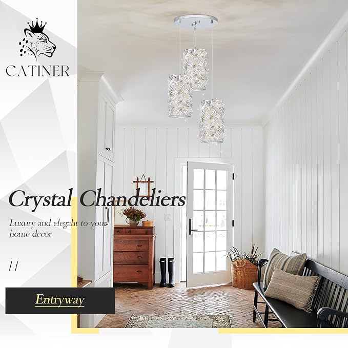 Chrome Crystal Cluster Pendant Light, 3-Light Kitchen Island Hanging Light | 3-light chrome crystal pendant with adjustable height, E26 sockets, dimmable for kitchen islands, dining rooms and bedrooms