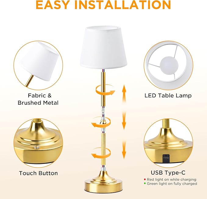 LUTEC 2 Pack Cordless Table Lamp, Battery Operated Lamp with 3 Color Temps and Stepless Dimming, 5200mAh Portable Rechargeable Table Lamp for Restaurant/Bedroom/Bars/Outdoor (Brushed Gold)