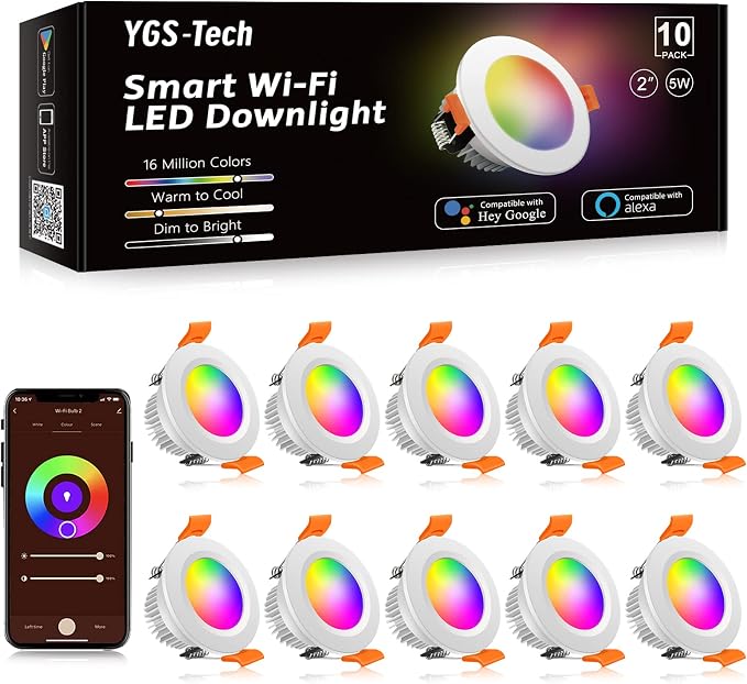 Smart 2 Inch LED Recessed Lighting RGB WiFi Downlight, 5W Compatible with Alexa and Google Home, Dimmable RGB & CCT 2700-6500K Color Changing, 120V Ceiling Light with LED Driver (10 Pack)
