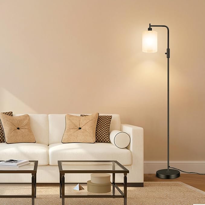 Industrial LED Floor Lamp,Black Metal Dimmable Lamp for Living Room, Bedroom, Office,Remote Control Tall Reading Lamp for Sofa or Desk, Milkly Glass Shade for Home Decor (Industrial, Glass)