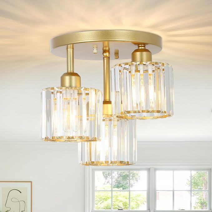 PAUFUL Modern Semi Flush Mount Ceiling Light,3-Light Golden Crystal Close to Ceiling Light Fixtures,Kitchen Light Fixtures with Clear Crystal Shade,Hallway Light Fixtures for Hallway Bedroom Bathroom