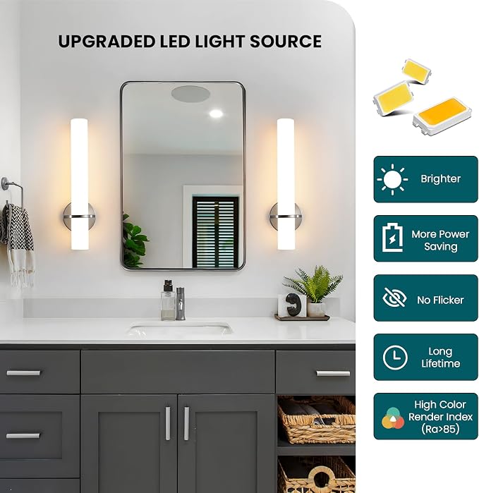 AIJIASI Brushed Nickel Bathroom Sconces Wall Lighting 18W LED Dimmable Vanity Light Fixture, 2700K-5000K Indoor Modern Wall Light Fixtures for Bedroom Living Room Mirror Hallway Porch 18 inch