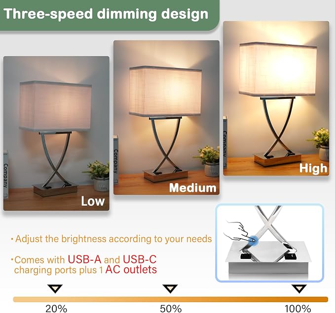 OYedis 21.38" Table Lamp for Bedroom Living Room 3-Way Dimmable Touch Control Medium Chrome Bedside lamp with USB A+C Ports，Nightstand Lamp with White Linen Shade Bulb Included (White-Chrome)