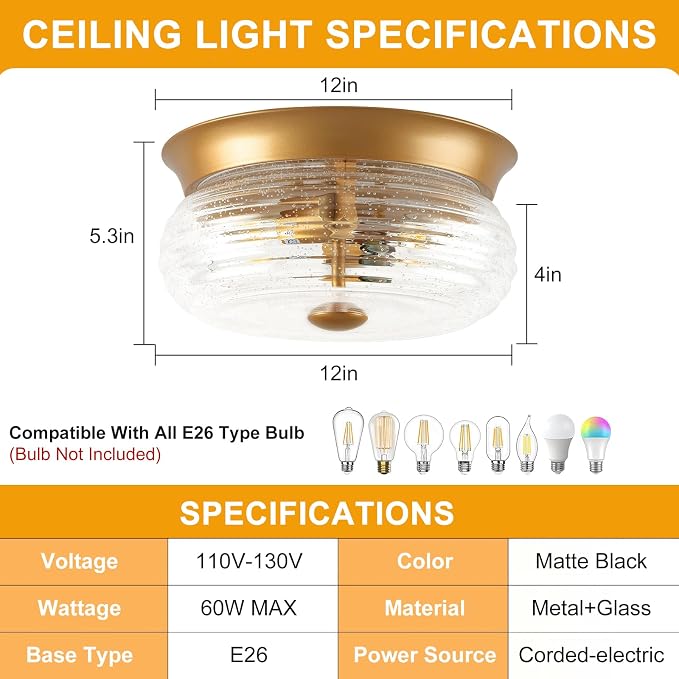 Gold Flush Mount Ceiling Light Fixtures, 2-Light Ceiling Mount for Modern with Clear Air Bubble Glass Shade, Industrial Flush Mount Light Fixture Farmhouse for Hallway Kitchen Bedroom Entryway Foyer