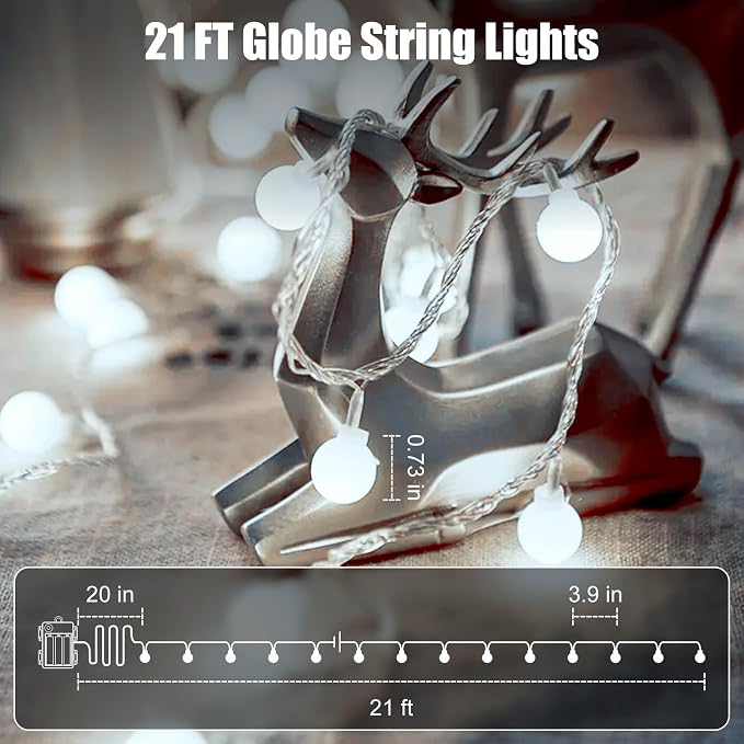 Globe String Lights Battery Operated - 21 Feet 60 Led Twinkle Fairy Lights, 8 Modes with Remote Mini Globe Lights for Indoor Outdoor Bedroom Party Wedding Garden Christmas Tree Decor, Pure White