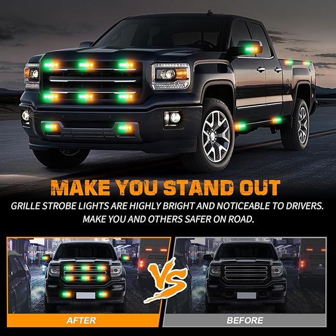 XRIDONSEN 8PCS Sync Truck Grill Strobe Lights 32 LED Amber Green Emergency Lights Grille Surface Mount Strobe Flashing Warning hazard Caution Safety Light for Tow Plow Trucks Construction Vehicles Car