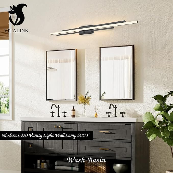 VitaLink 55" Long Black Vanity Light Bathroom Wall Light Fixtures Long Vanity Lights Over Mirror Lighting Lamps Dimmable Bathroom Wall Mount Lighting Over Vanity Mirror