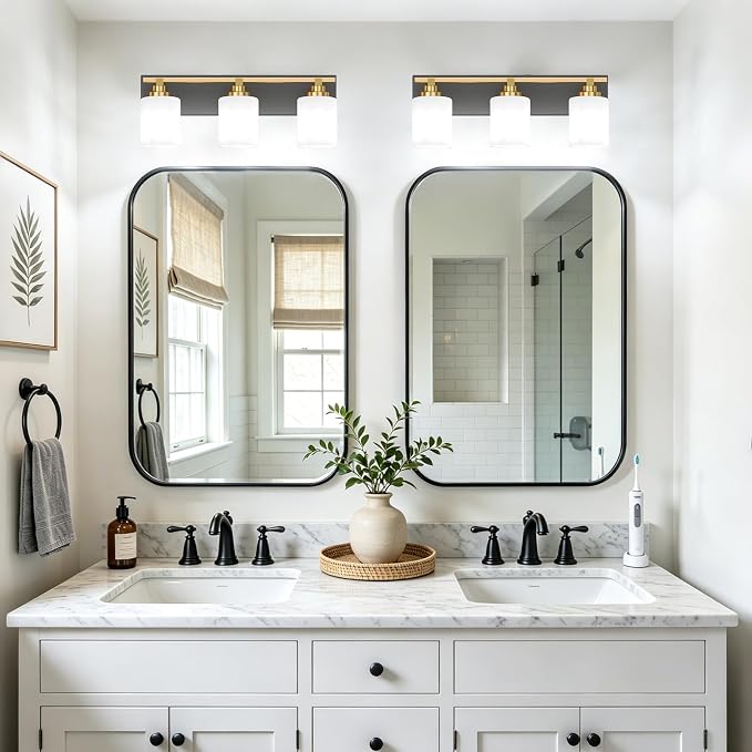 Black and Gold Bathroom Light Fixture, Modern 3 Light Vanity Lights for Bathroom Lighting Fixtures Over Mirror, White Glass Lampshade, Master & Guest bathrooms Bathroom Remodel, 20-inch