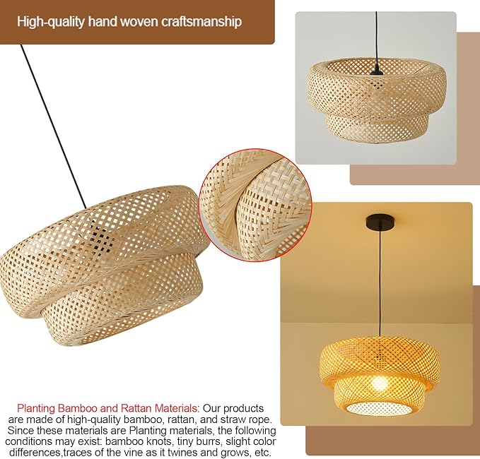 Bamboo Pendant Light,17.7" Rattan Chadelier | Hand-Woven Bamboo Rattan Chandelier Shade for Dining Living Bedroom Kitchen Farmhouse 1-Pack
