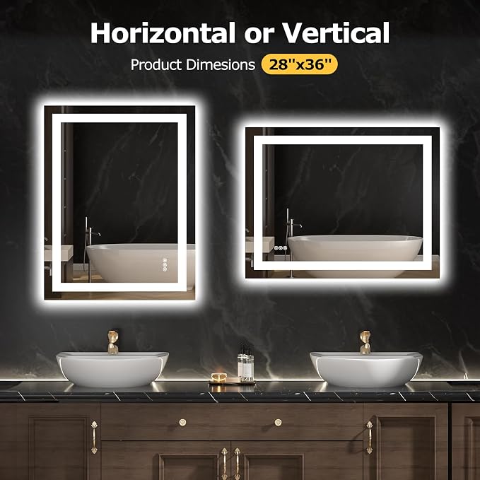 Hivone 36.1X28.1 LED Bathroom Mirror with Lights, Anti-Fog, Dimmable, Backlit + Front Lit, Smart Bathroom Vanity Mirror, Memory Function, Shatterproof, Tempered Glass (Horizontal/Vertical)