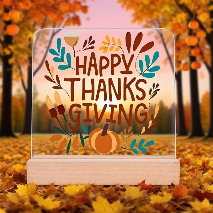 Happy Thanksgiving Desk Decor Gifts Autumn Table Decorations for Desk Plaque Clear Acrylic Sign with Wooden Stand for Fall Party Decorations Home Office Decorative Signs