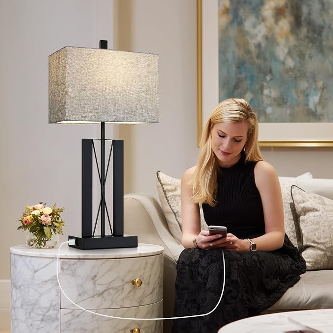 Lolikit 25" Table Lamps Set of 2, Modern Table Lamp for Living Room with 2 USB Charging Ports, Nightstand Geometric Industrial Bedside Lamp with Gray Shade for Bedrooms End Table Decor, Bulbs Included