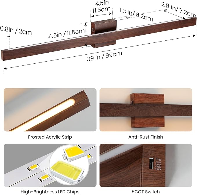 Modern Bathroom Light Fixtures Over Mirror, 39 Inch Brown Wood Finish Vanity Light Bar 30W Dimmable 5CCT LED Vanity Lights for Bathroom Wall Lighting Fixtures Over Mirror