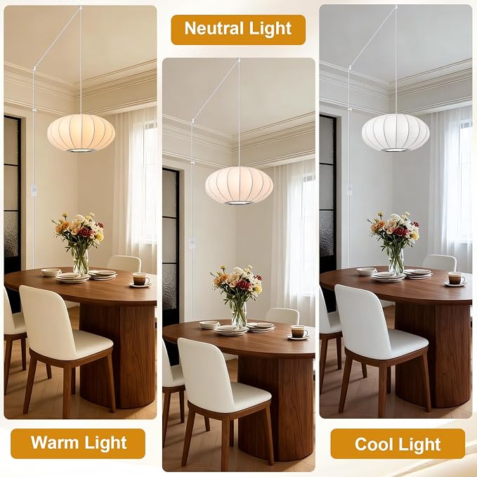 11.8in Plug in Pendant Light Small Lantern, White Imitation Silk | Plug in Hanging Lamp Wabi Sabi Japanese Bubble Lantern Pendant Chandelier for Living Dinning Room Kitchen Island Bedroom 1PK