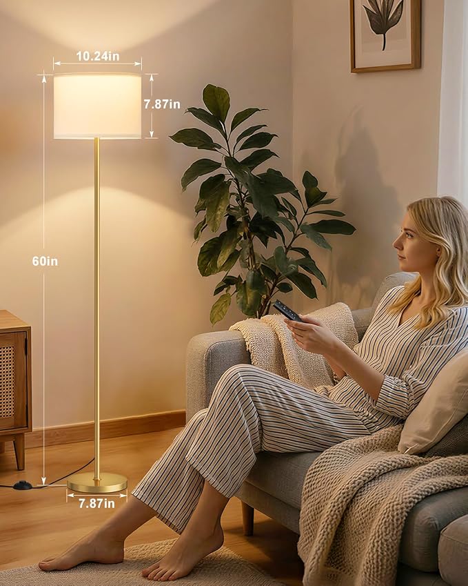 Dimmable Floor Lamp for Living Room with Remote, 9W 900LM LED Bulb Included, White Shade Gold Pole