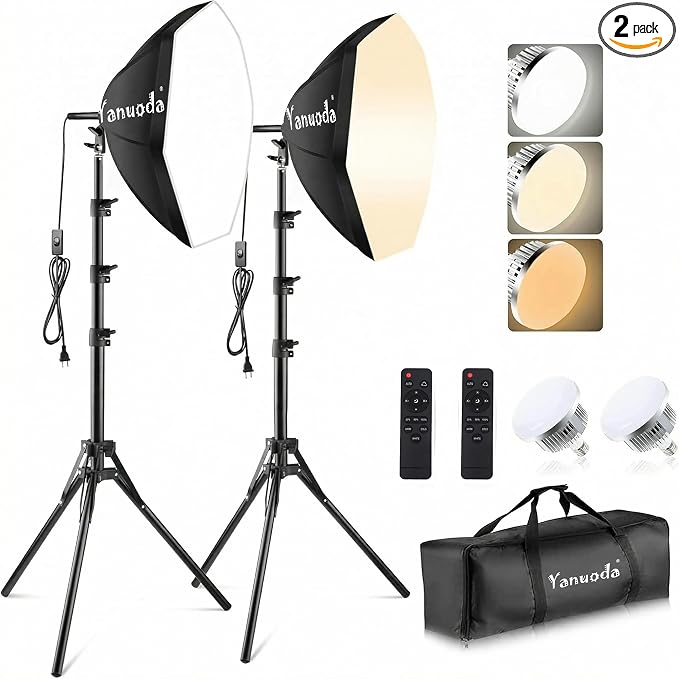 20" Octagonal Softbox Lighting Kit, 2 Pack Photography Light Remote | Octagonal Softbox Design, 2-Pack, CRI 97+ Color Accuracy, 95W 3000K-7500K Dimmable, Remote Control, 3-Min Tool-Free Setup