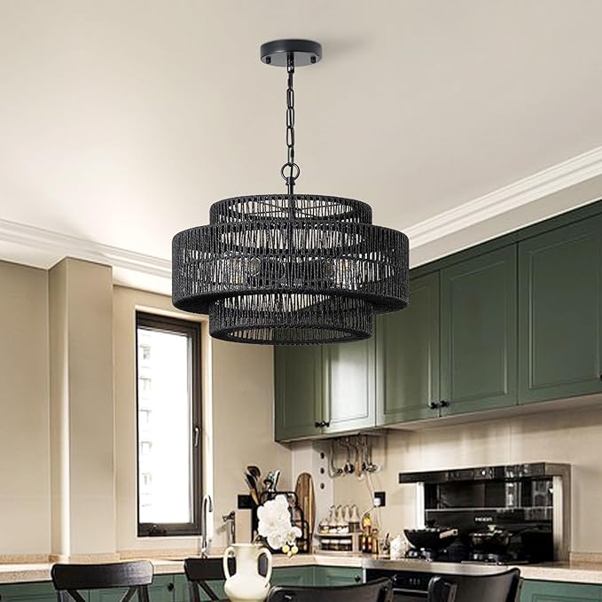 17.7" Black Large Boho Rattan Chandeliers for Dining Room, 4-Light Rattan Hand-Woven Farmhouse Drum Chandelier Pendant Light Fixture for Kitchen Island Bedroom Living Room Entryway Foyer