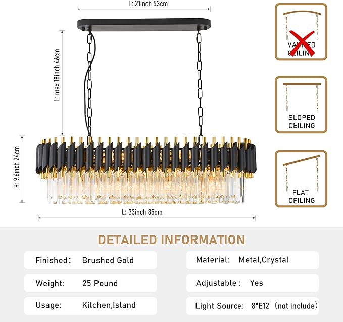 L33 Black and Gold Crystal Chandelier Large 8 Light 3-Tier K9 Crystal Raindrop Chandelier Flush Mount Ceiling Light Fixture for for Dining Room Kitchen Island