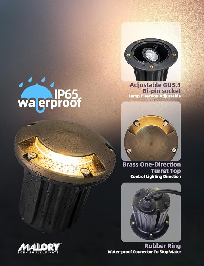 MALORY Brass Top Cover Landscape Well Lights,(5‘’H) 12V Low Voltage Outdoor In Ground Lights,Landscape Lighting for Pathway, Driveway and Garden (One-Direction Turret, 4-Pack with Bulb)