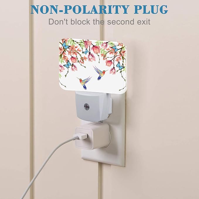Hummingbird and Blue Butterfly Plug in Night Lights, Wisteria Flowers Nightlight Plug Into Wall Dusk to Dawn Sensor for Kid Girls Boys Women Bedroom,Hallway,Kitchen,Bathroom,Stairs Decor